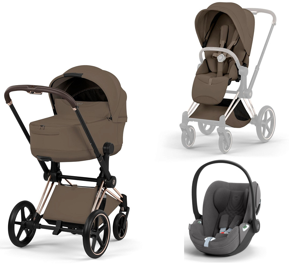 Коляска 3 в 1 Cybex Priam V Rosegold Style Collection Coconut Brown и автокресло Cloud T i-Size (Mirage Grey Plus)