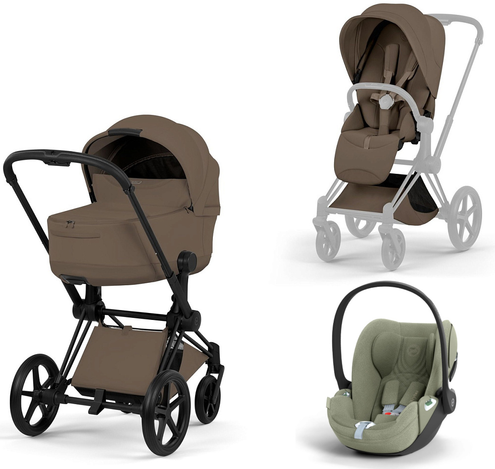 Коляска 3 в 1 Cybex Priam V Matt Black Style Collection Coconut Brown и автокресло Cloud T i-Size (Sage Green Plus)