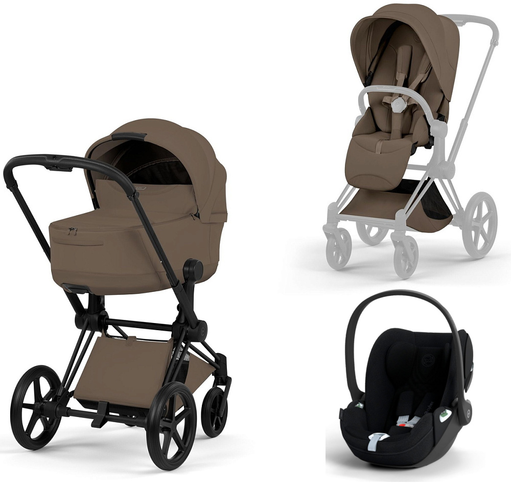 Коляска 3 в 1 Cybex Priam V Matt Black Style Collection Coconut Brown и автокресло Cloud T i-Size (Sepia Black Plus)