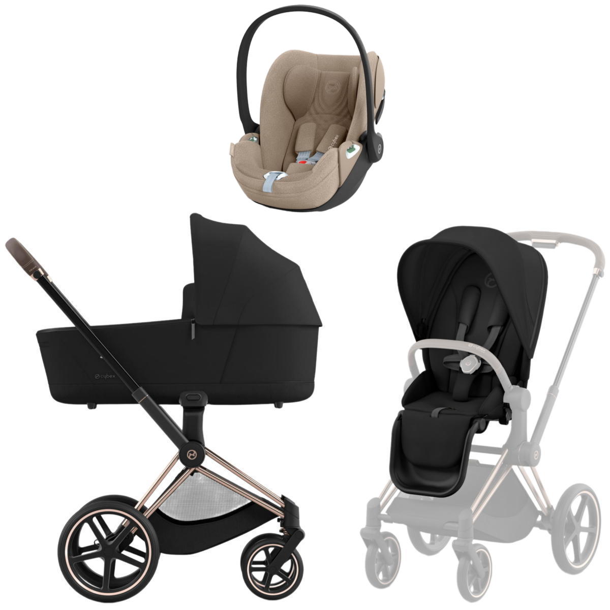 Коляска 3 в 1 Cybex Priam IV Rosegold Sepia Black и автокресло Cloud T i-Size (Cozy Beige Plus)