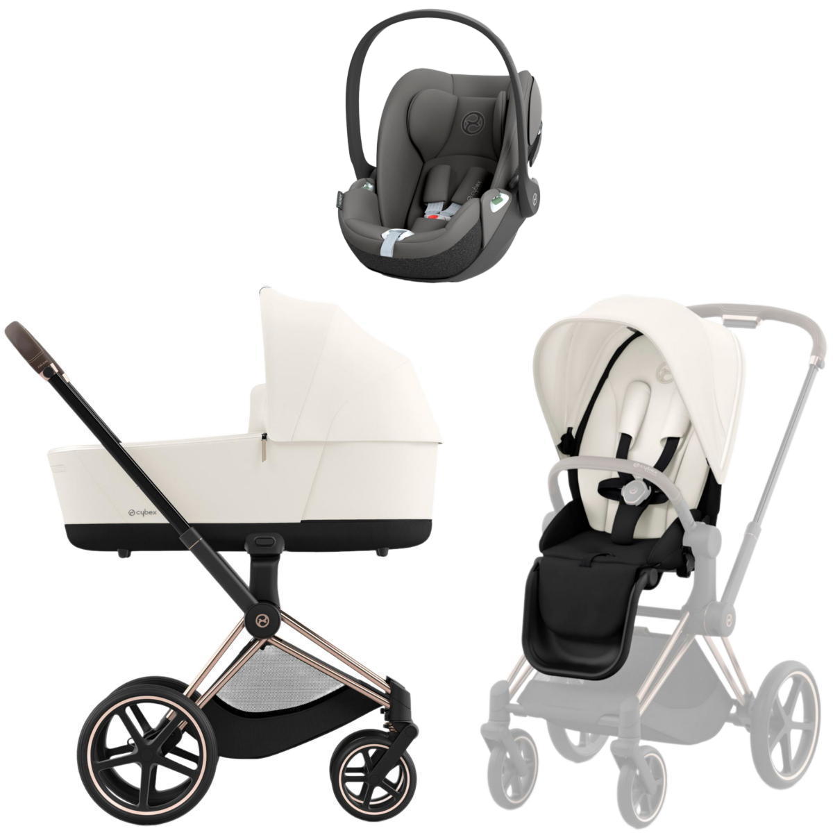 Коляска 3 в 1 Cybex Priam IV Rosegold Off White и автокресло Cloud T i-Size (Mirage Grey)