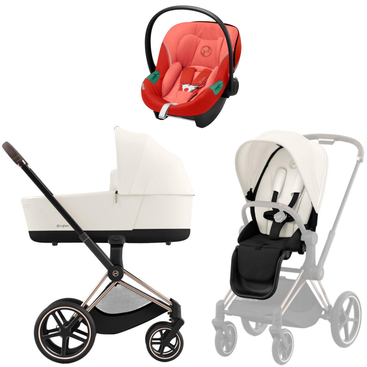 Коляска 3 в 1 Cybex Priam IV Rosegold Off White и автокресло Aton S2 i-Size (Hibiscus Red)