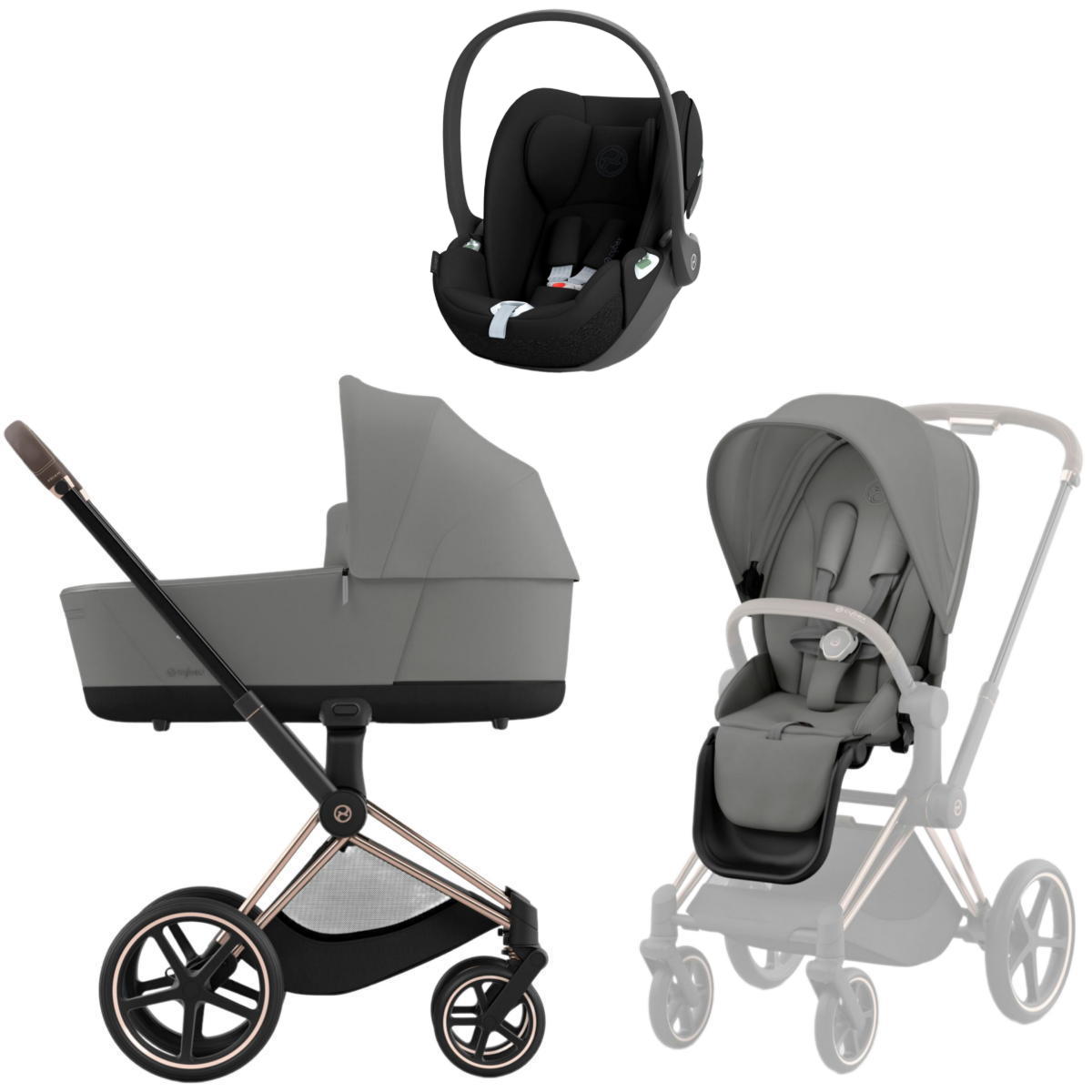 Коляска 3 в 1 Cybex Priam IV Rosegold Mirage Grey и автокресло Cloud T i-Size (Sepia Black)