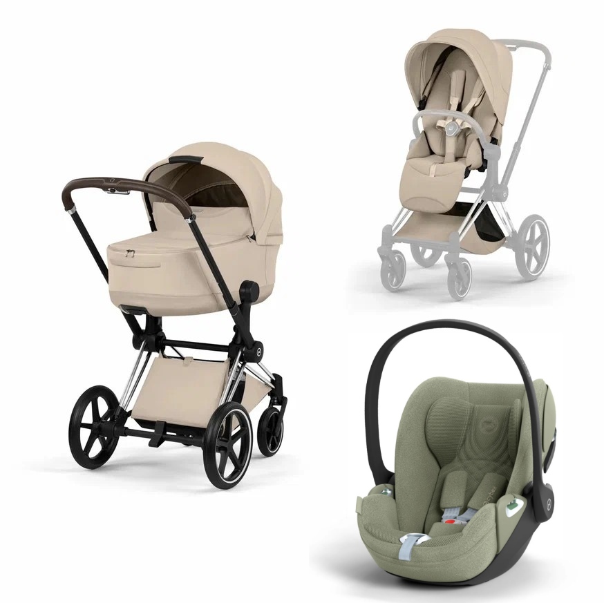 Коляска 3 в 1 Cybex Priam V Chrome Brown Style Collection Cozy Beige и автокресло Cloud T i-Size (Sage Green Plus)