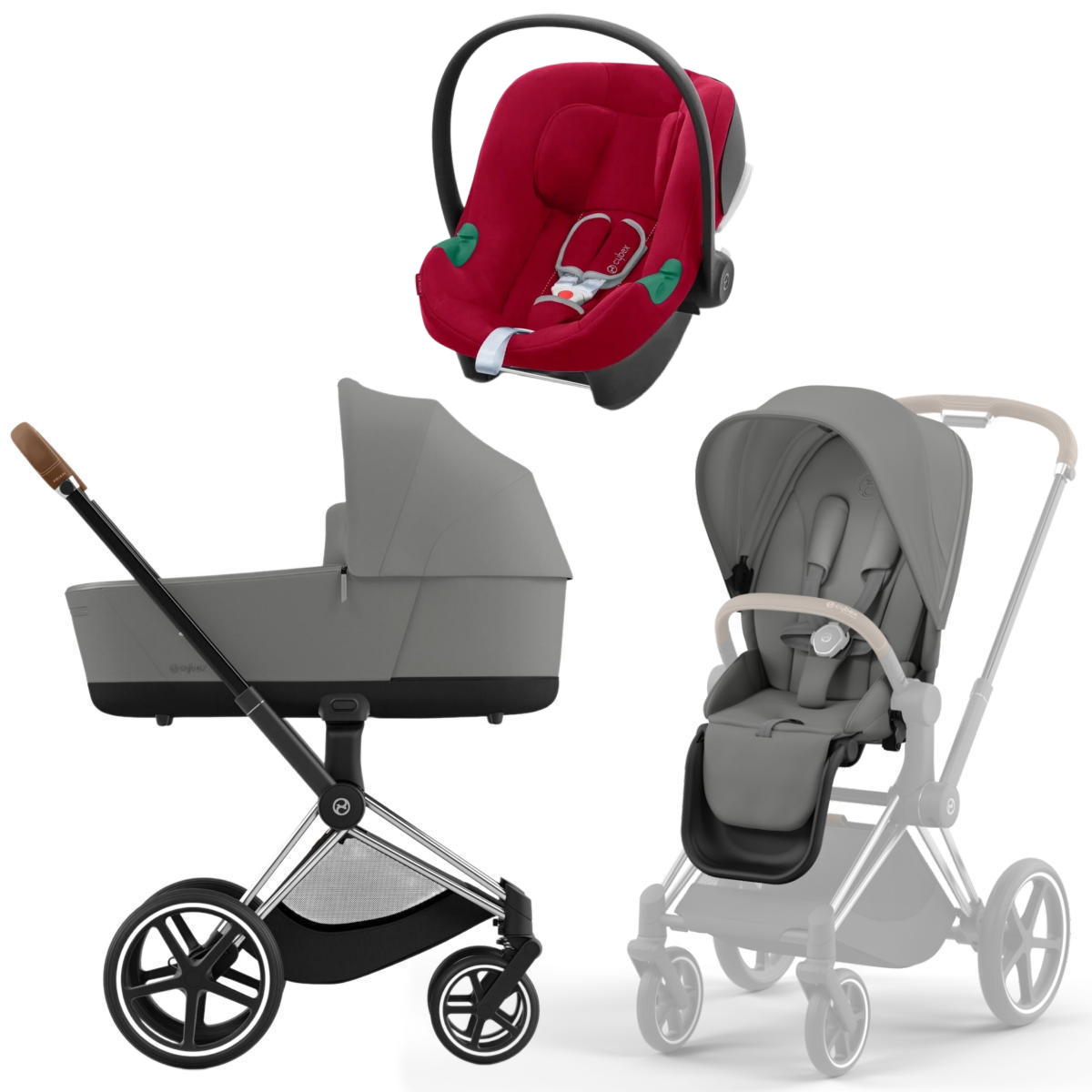 Коляска 3 в 1 Cybex Priam IV Chrome Brown Mirage Grey и автокресло Aton B2 i-Size  (Dynamic Red)