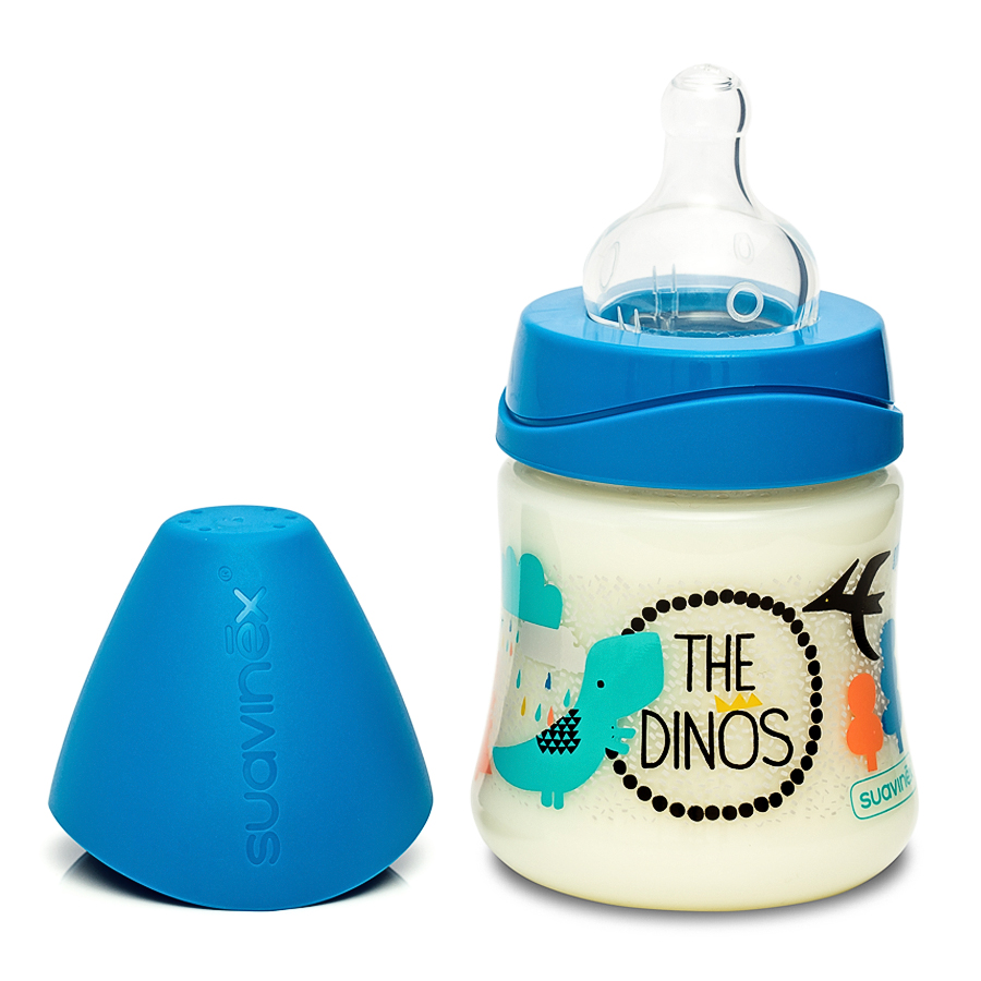 Бутылка Suavinex силиконовая круглая соска 150мл от 0мес. Синий динозавр 108111059-butilka-suavinex-silikonovaya-kruglaya-soska-150ml-ot-0mes-sinii-di
