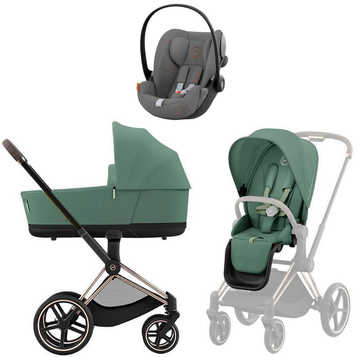 Коляска 3 в 1 Cybex Priam IV Rosegold Leaf Green и автокресло Cloud G i-Size (Lava Grey)