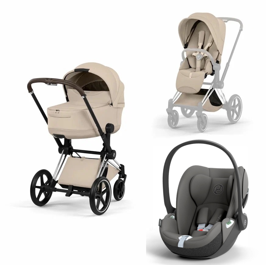 Коляска 3 в 1 Cybex Priam V Chrome Brown Style Collection Cozy Beige и автокресло Cloud T i-Size (Mirage Grey)