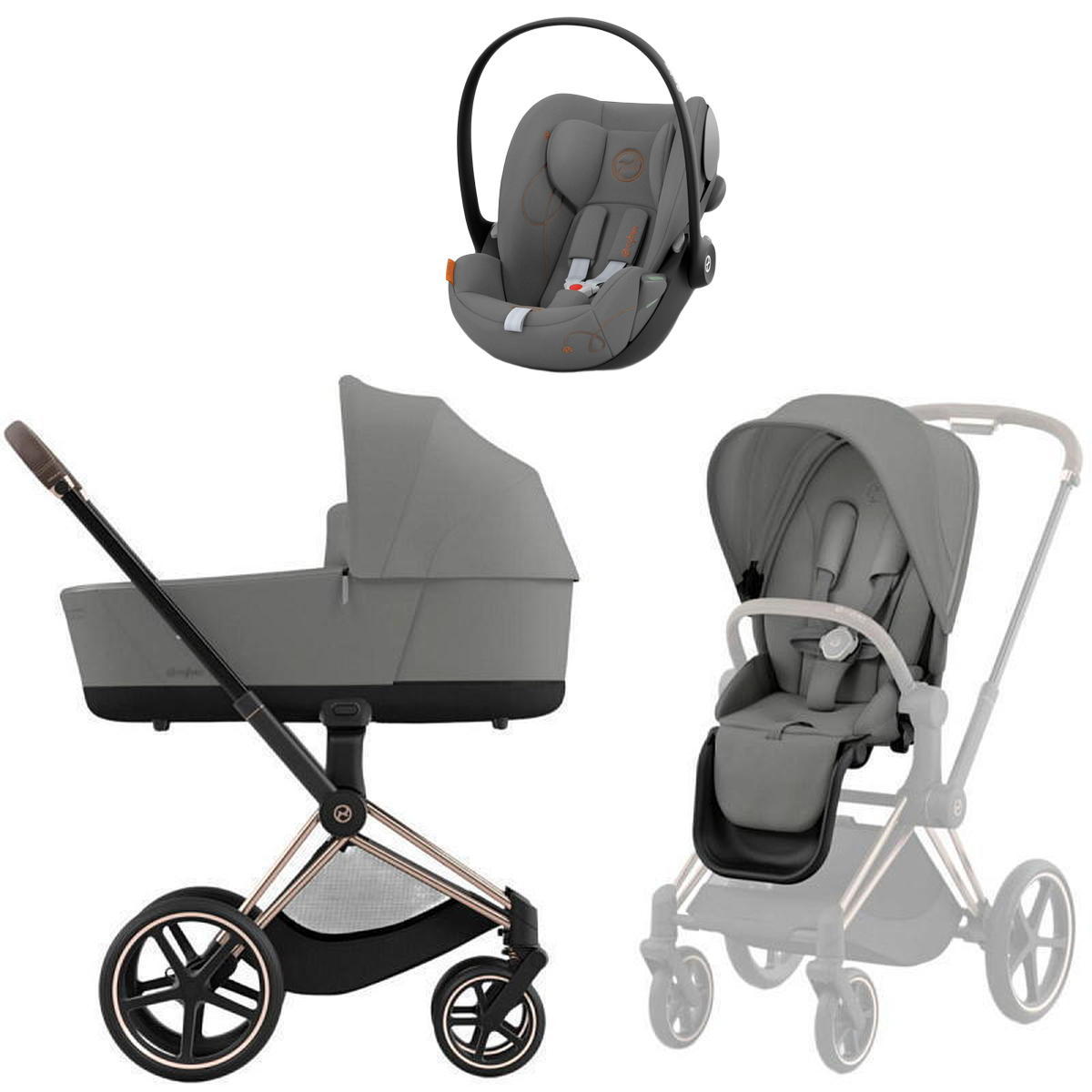 Коляска 3 в 1 Cybex Priam IV Rosegold Mirage Grey и автокресло Cloud G i-Size (Lava Grey)
