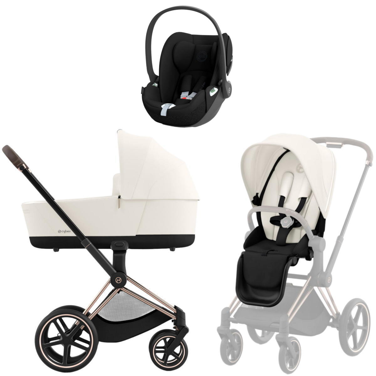 Коляска 3 в 1 Cybex Priam IV Rosegold Off White и автокресло Cloud T i-Size (Sepia Black)