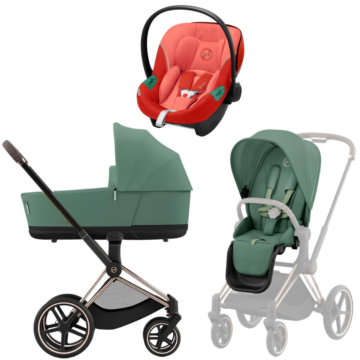 Коляска 3 в 1 Cybex Priam IV Rosegold Leaf Green и автокресло Aton S2 i-Size (Hibiscus Red)