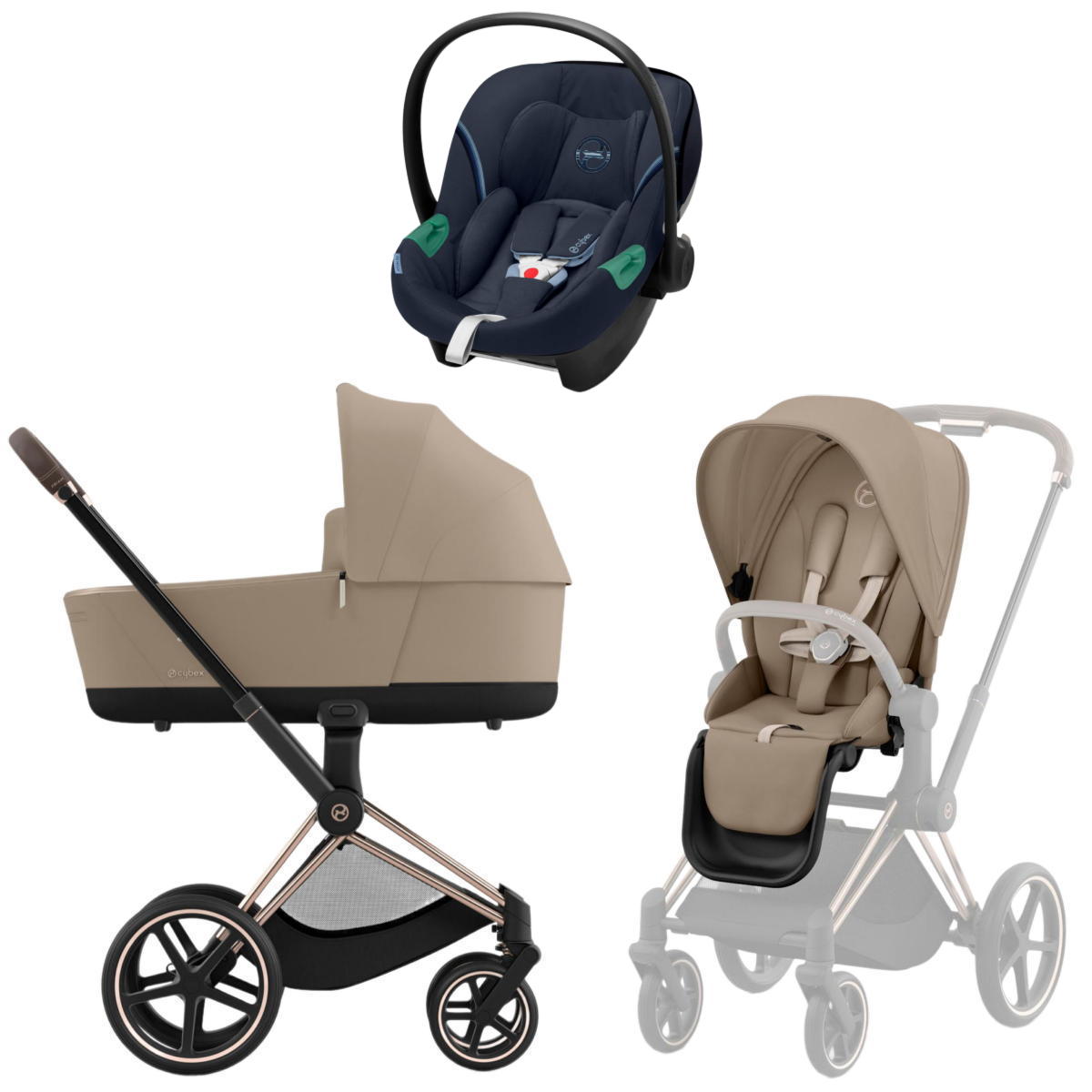 Коляска 3 в 1 Cybex Priam IV Rosegold Cozy Beige и автокресло Aton S2 i-Size (Ocean Blue)