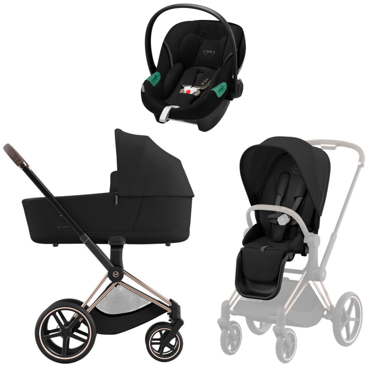 Коляска 3 в 1 Cybex Priam IV Rosegold Sepia Black и автокресло Aton S2 i-Size (Moon Black)