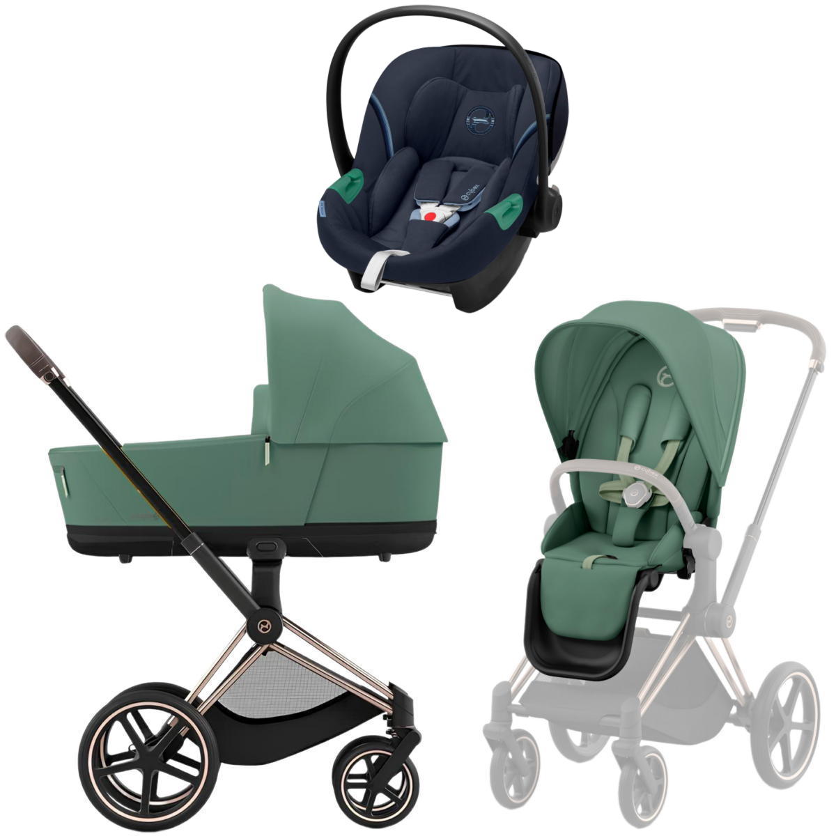 Коляска 3 в 1 Cybex Priam IV Rosegold Leaf Green и автокресло Aton S2 i-Size (Ocean Blue)