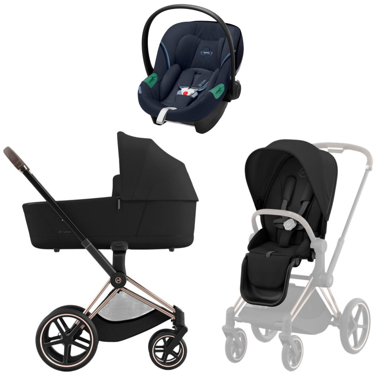 Коляска 3 в 1 Cybex Priam IV Rosegold Sepia Black и автокресло Aton S2 i-Size (Ocean Blue)