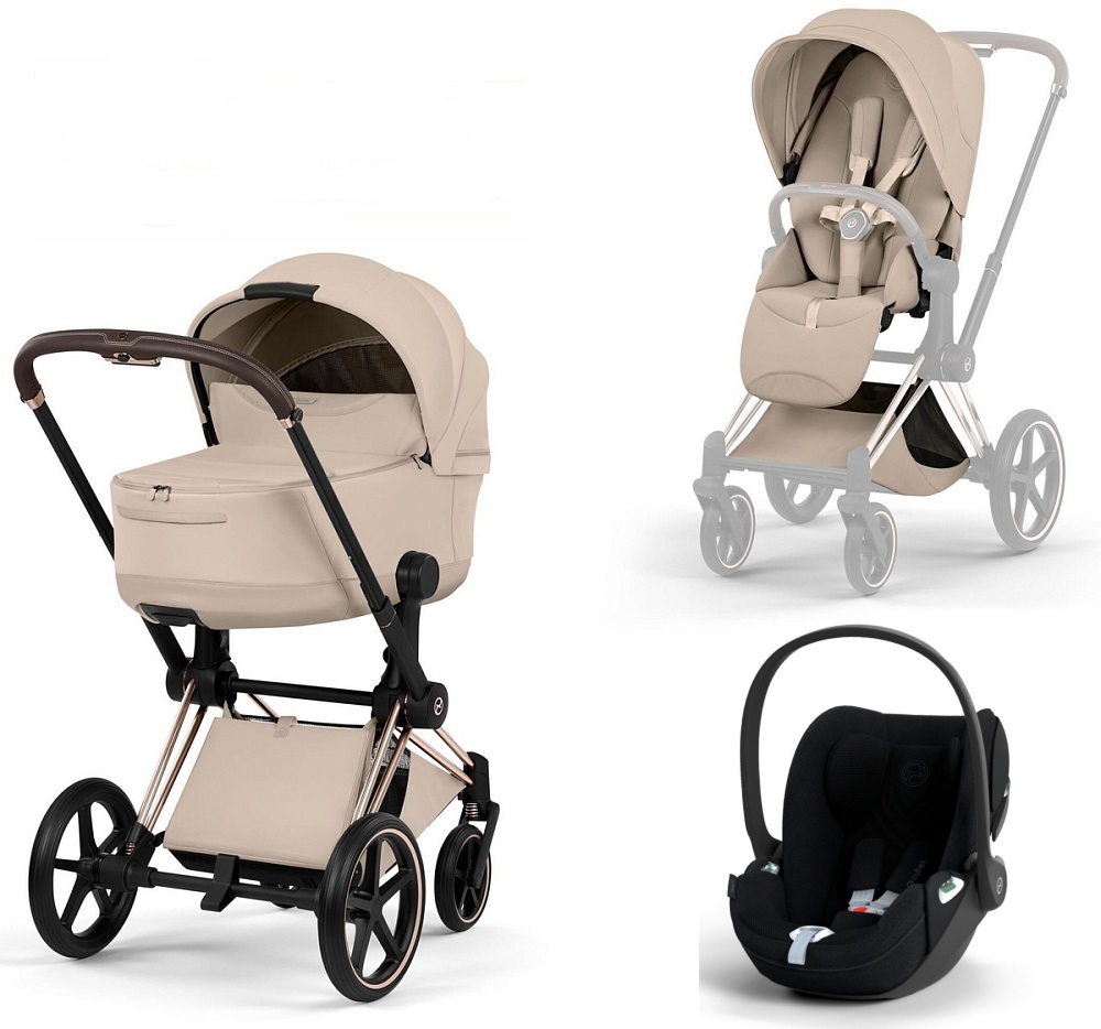 Коляска 3 в 1 Cybex Priam V Rosegold Style Collection Cozy Beige и автокресло Cloud T i-Size (Sepia Black Plus)