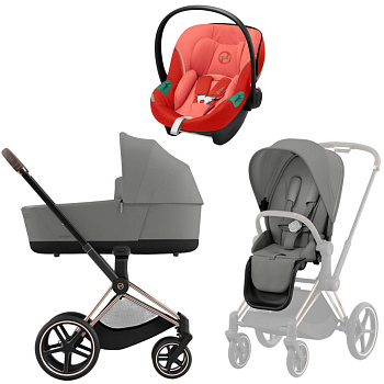 Коляска 3 в 1 Cybex Priam IV Rosegold Mirage Grey и автокресло Aton S2 i-Size (Hibiscus Red)