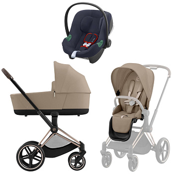 Коляска 3 в 1 Cybex Priam IV Rosegold Cozy Beige и автокресло Aton B2 i-Size (Bay Blue)
