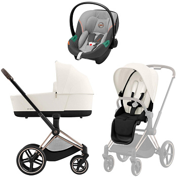 Коляска 3 в 1 Cybex Priam IV Rosegold Off White и автокресло Aton S2 i-Size (Lava Grey)