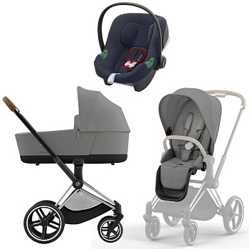 Коляска 3 в 1 Cybex Priam IV Chrome Brown Mirage Grey и автокресло Aton B2 i-Size  (Bay Blue)