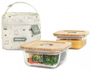 Термосумка Miniland Pack-2-Go Ecosquare с двумя стеклянными квадратными контейнерами по 210 мл (лягушки)