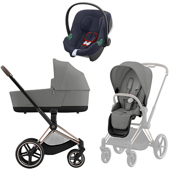 Коляска 3 в 1 Cybex Priam IV Rosegold Mirage Grey и автокресло Aton B2 i-Size (Bay Blue)