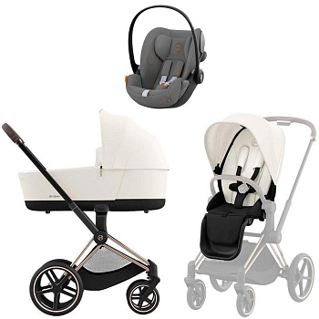 Коляска 3 в 1 Cybex Priam IV Rosegold Off White и автокресло Cloud G i-Size (Lava Grey)