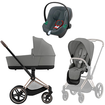 Коляска 3 в 1 Cybex Priam IV Rosegold Mirage Grey и автокресло Aton B2 i-Size (Steel Grey)