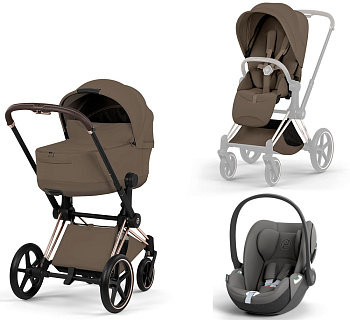 Коляска 3 в 1 Cybex Priam V Rosegold Style Collection Coconut Brown и автокресло Cloud T i-Size (Mirage Grey)