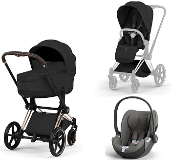 Коляска 3 в 1 Cybex Priam V Rosegold Style Collection Sepia Black и автокресло Cloud T i-Size (Mirage Grey)