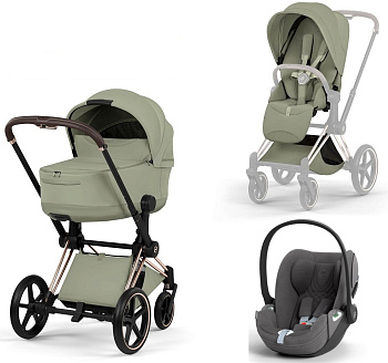 Коляска 3 в 1 Cybex Priam V Rosegold Style Collection Sage Green и автокресло Cloud T i-Size (Mirage Grey Plus)