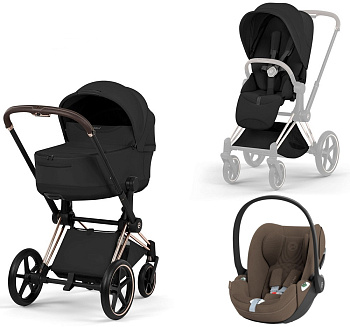 Коляска 3 в 1 Cybex Priam V Rosegold Style Collection Sepia Black и автокресло Cloud T i-Size (Coconut Brown Plus)
