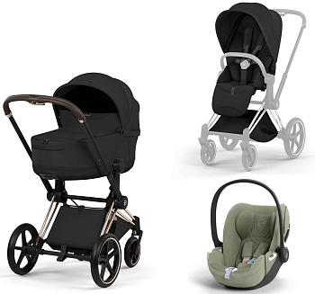 Коляска 3 в 1 Cybex Priam V Rosegold Style Collection Sepia Black и автокресло Cloud T i-Size (Sage Green Plus)
