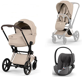 Коляска 3 в 1 Cybex Priam V Rosegold Style Collection Cozy Beige и автокресло Cloud T i-Size (Mirage Grey Plus)