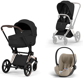 Коляска 3 в 1 Cybex Priam V Rosegold Style Collection Sepia Black и автокресло Cloud T i-Size (Cozy Beige Plus)