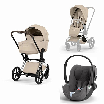 Коляска 3 в 1 Cybex Priam V Chrome Brown Style Collection Cozy Beige и автокресло Cloud T i-Size (Mirage Grey Plus)