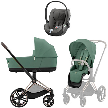 Коляска 3 в 1 Cybex Priam IV Rosegold Leaf Green и автокресло Cloud T i-Size (Mirage Grey)