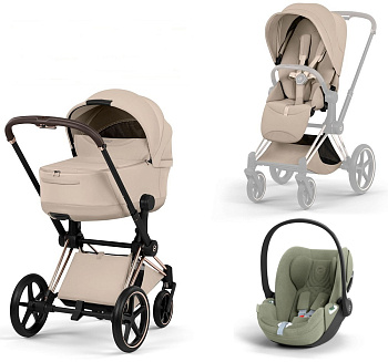 Коляска 3 в 1 Cybex Priam V Rosegold Style Collection Cozy Beige и автокресло Cloud T i-Size (Sage Green Plus)