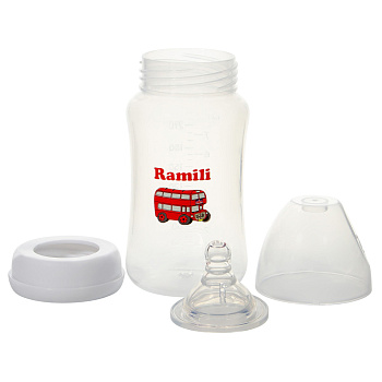 Противоколиковая бутылочка Ramili Baby 240 мл. с двумя сосками 0+ и 3+ (240MLBT100M, слабый и средни (стандарт)