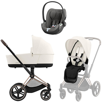 Коляска 3 в 1 Cybex Priam IV Rosegold Off White и автокресло Cloud T i-Size (Mirage Grey)