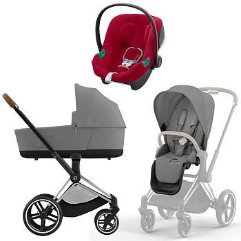Коляска 3 в 1 Cybex Priam IV Chrome Brown Mirage Grey и автокресло Aton B2 i-Size  (Dynamic Red)