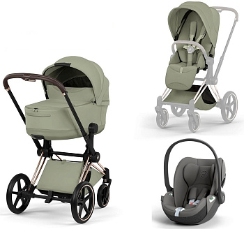 Коляска 3 в 1 Cybex Priam V Rosegold Style Collection Sage Green и автокресло Cloud T i-Size (Mirage Grey)