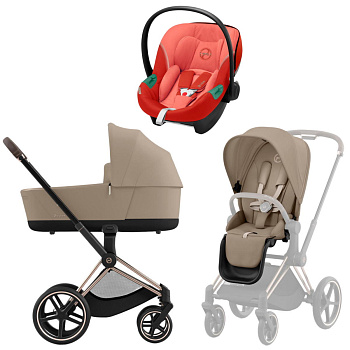 Коляска 3 в 1 Cybex Priam IV Rosegold Cozy Beige и автокресло Aton S2 i-Size (Hibiscus Red)
