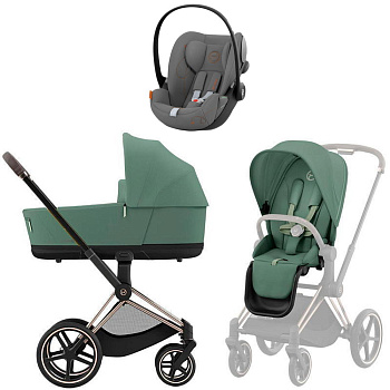Коляска 3 в 1 Cybex Priam IV Rosegold Leaf Green и автокресло Cloud G i-Size (Lava Grey)