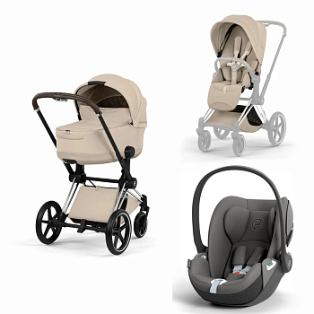 Коляска 3 в 1 Cybex Priam V Chrome Brown Style Collection Cozy Beige и автокресло Cloud T i-Size (Mirage Grey)