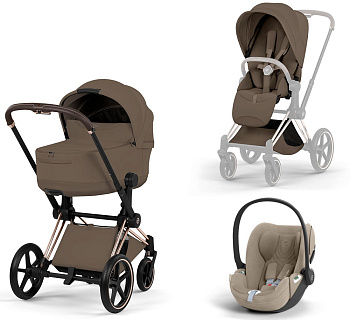 Коляска 3 в 1 Cybex Priam V Rosegold Style Collection Coconut Brown и автокресло Cloud T i-Size (Cozy Beige Plus)