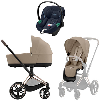Коляска 3 в 1 Cybex Priam IV Rosegold Cozy Beige и автокресло Aton S2 i-Size (Ocean Blue)