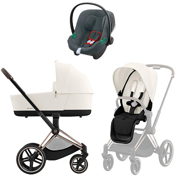Коляска 3 в 1 Cybex Priam IV Rosegold Off White и автокресло Aton B2 i-Size (Steel Grey)