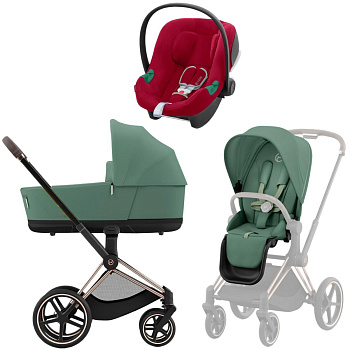 Коляска 3 в 1 Cybex Priam IV Rosegold Leaf Green и автокресло Aton B2 i-Size (Dynamic Red)