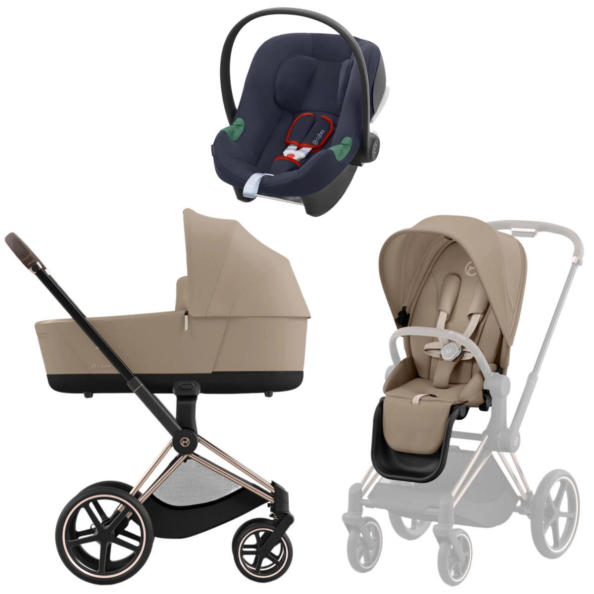 Коляска 3 в 1 Cybex Priam IV Rosegold Cozy Beige и автокресло Aton B2 i-Size (Bay Blue)